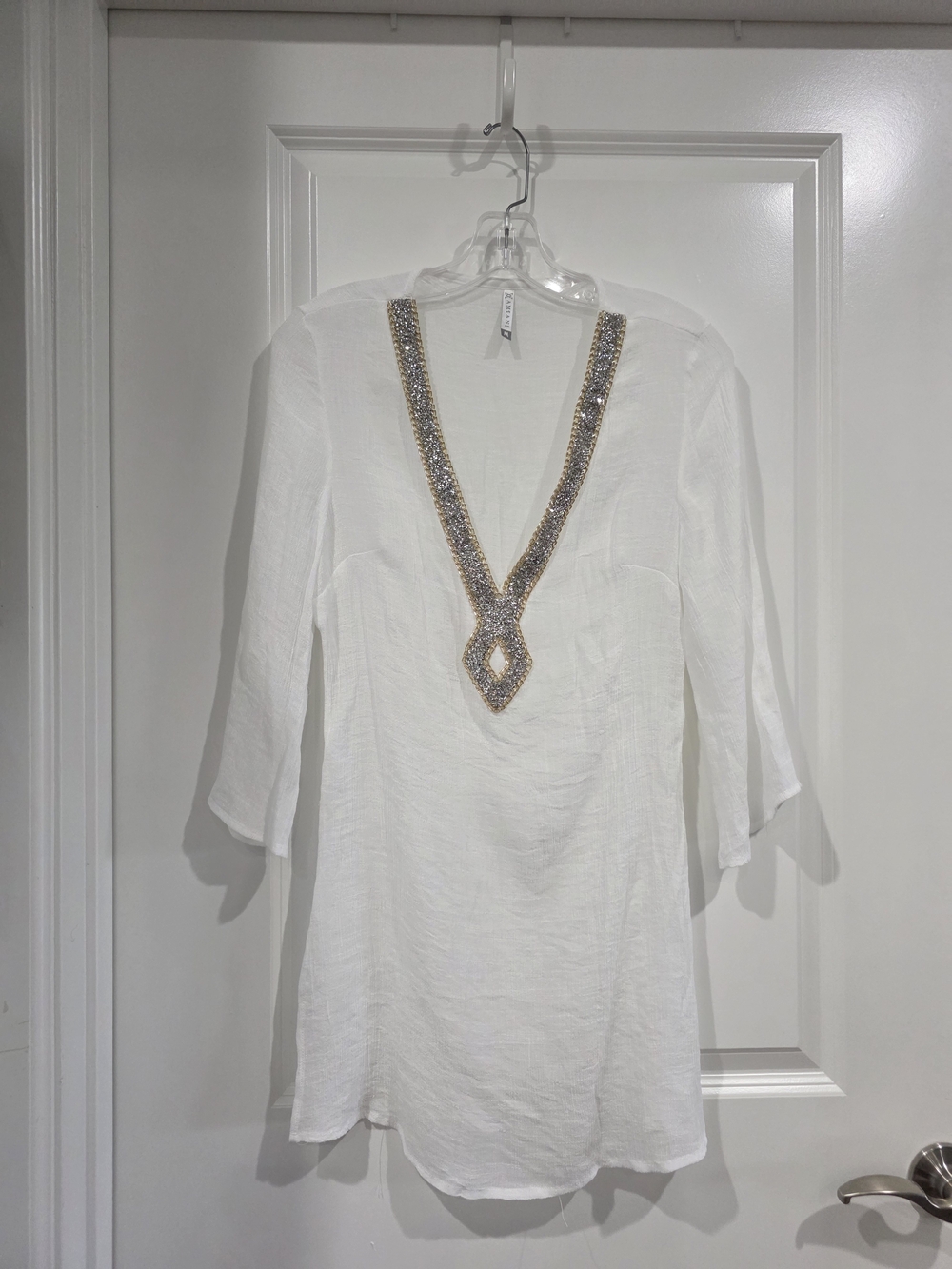 Women's White V-Neck Swim Coverup with Gold & Silver Embellished Trim